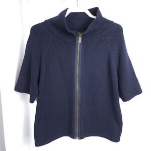 Talbots Navy Blue Full Zip Mock Neck Sweater‎ 3/4 Sleeve Navy Large